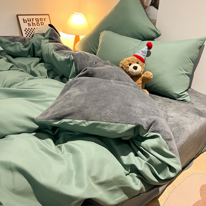 91家纺网 家纺一手货源 找家纺 悦织湾家纺 2025新款水洗棉牛奶绒单面绒单被套四件套双面两用春秋冬都可用学生宿舍四件套 单面绒豆绿浅灰