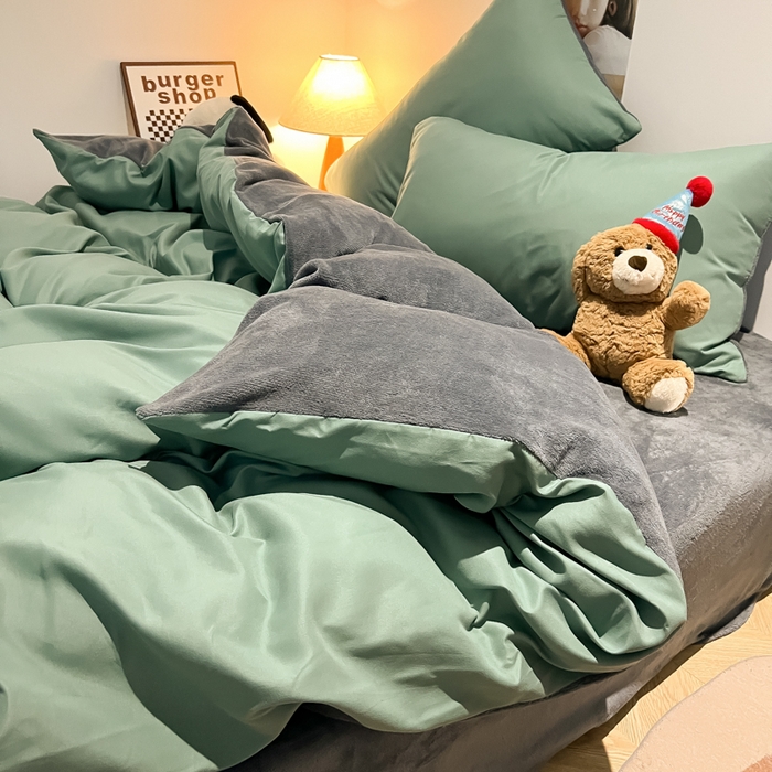 91家纺网 家纺一手货源 找家纺 悦织湾家纺 2025新款水洗棉牛奶绒单面绒单被套四件套双面两用春秋冬都可用学生宿舍四件套 单面绒豆绿浅灰