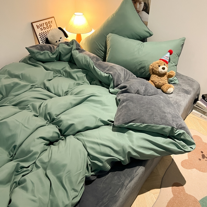 91家纺网 家纺一手货源 找家纺 悦织湾家纺 2025新款水洗棉牛奶绒单面绒单被套四件套双面两用春秋冬都可用学生宿舍四件套 单面绒豆绿浅灰