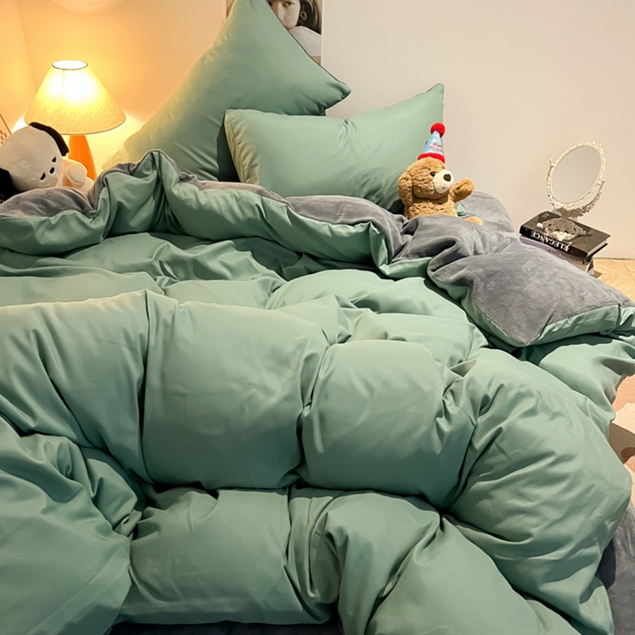 91家纺网 家纺一手货源 找家纺 悦织湾家纺 2025新款水洗棉牛奶绒单面绒单被套四件套双面两用春秋冬都可用学生宿舍四件套 单面绒豆绿浅灰