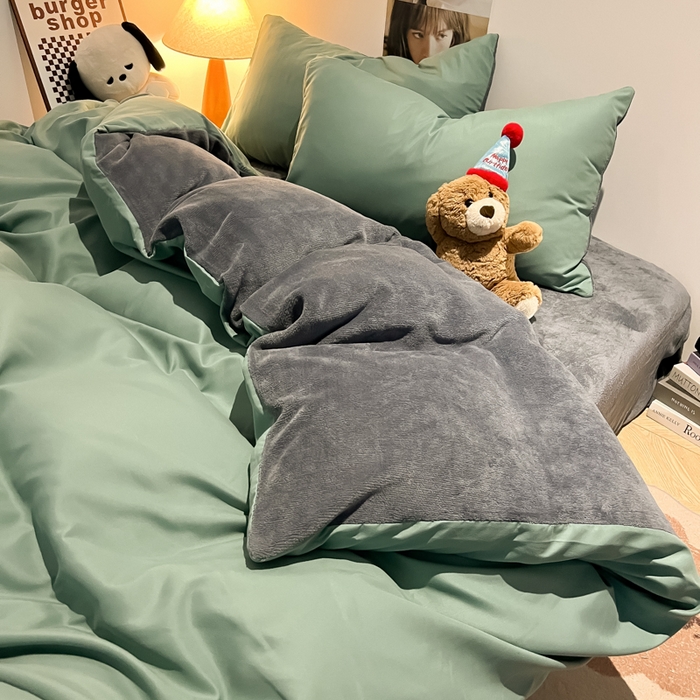 91家纺网 家纺一手货源 找家纺 悦织湾家纺 2025新款水洗棉牛奶绒单面绒单被套四件套双面两用春秋冬都可用学生宿舍四件套 单面绒豆绿浅灰