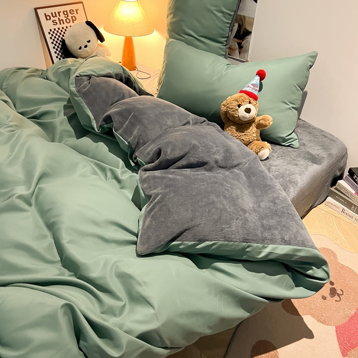 91家纺网 家纺一手货源 找家纺 悦织湾家纺 2025新款水洗棉牛奶绒单面绒单被套四件套双面两用春秋冬都可用学生宿舍四件套 单面绒豆绿浅灰