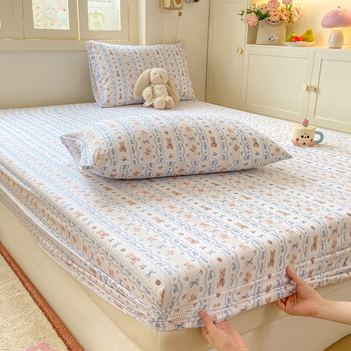 91家纺网 家纺一手货源 找家纺 玉海棠家纺 2025新款直播爆款双层纱床笠三件套 他和她的兔