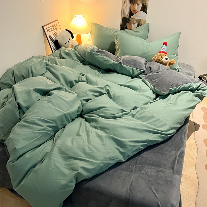 91家纺网 家纺一手货源 找家纺 悦织湾家纺 2025新款水洗棉牛奶绒单面绒单被套四件套双面两用春秋冬都可用学生宿舍四件套 单面绒豆绿浅灰