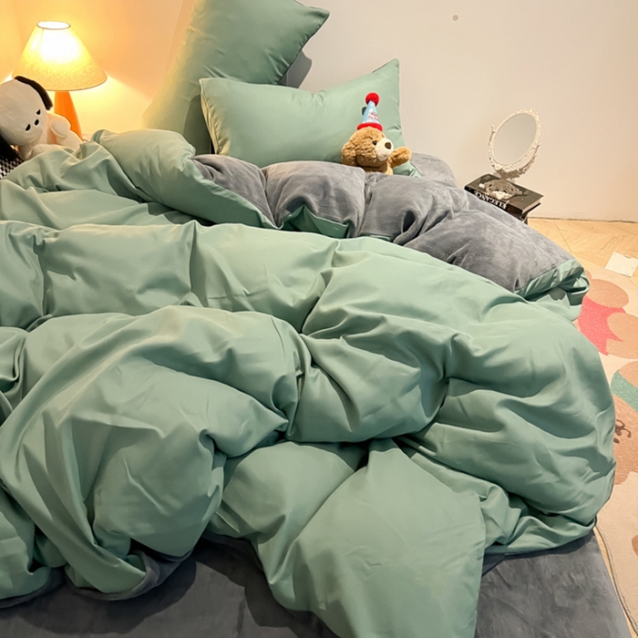 91家纺网 家纺一手货源 找家纺 悦织湾家纺 2025新款水洗棉牛奶绒单面绒单被套四件套双面两用春秋冬都可用学生宿舍四件套 单面绒豆绿浅灰