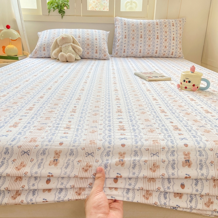 91家纺网 家纺一手货源 找家纺 玉海棠家纺 2025新款直播爆款双层纱床笠三件套 他和她的兔