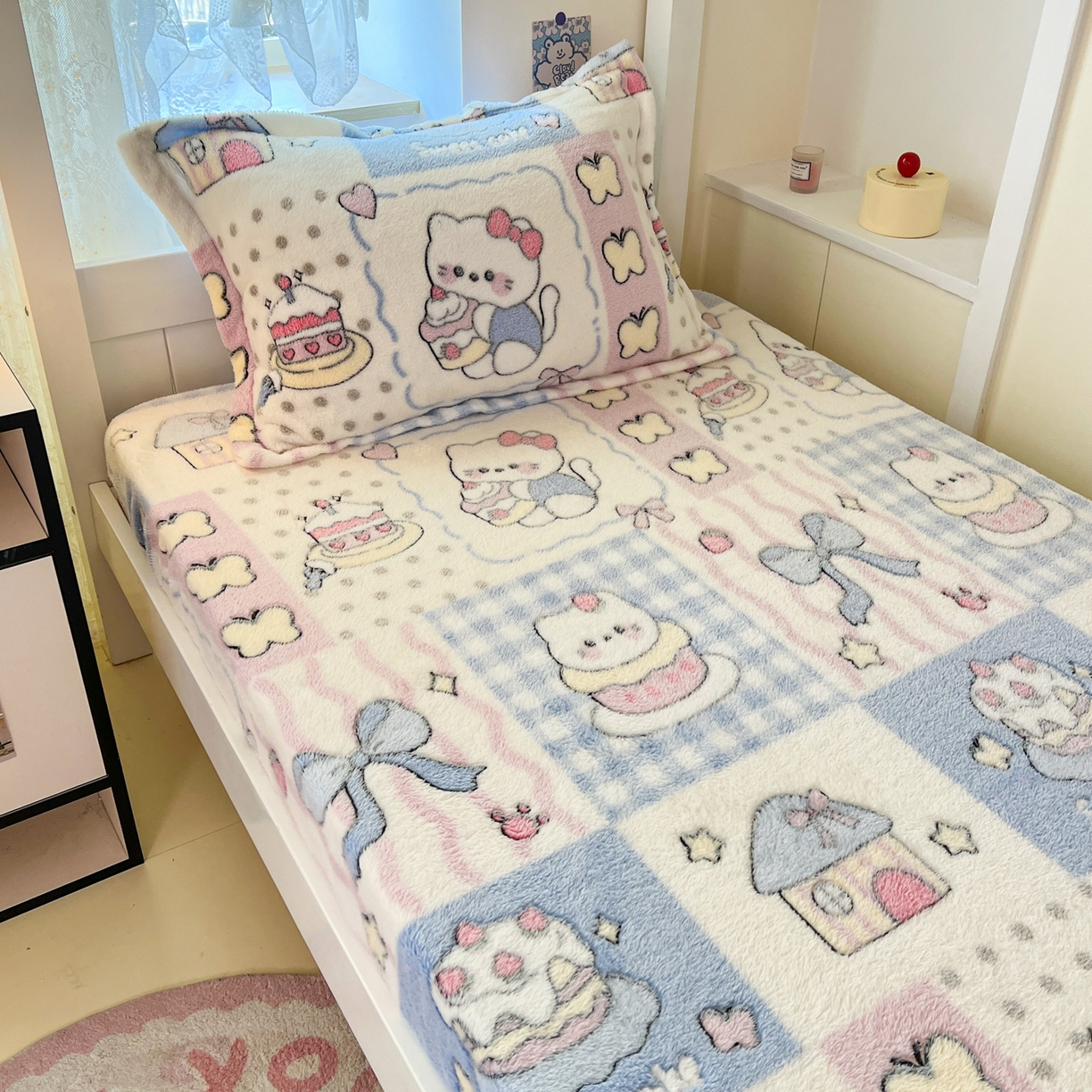 91家纺网 家纺一手货源 找家纺 川悦生活 2025新款雪花绒宿舍单床笠 床笠小喵甜心