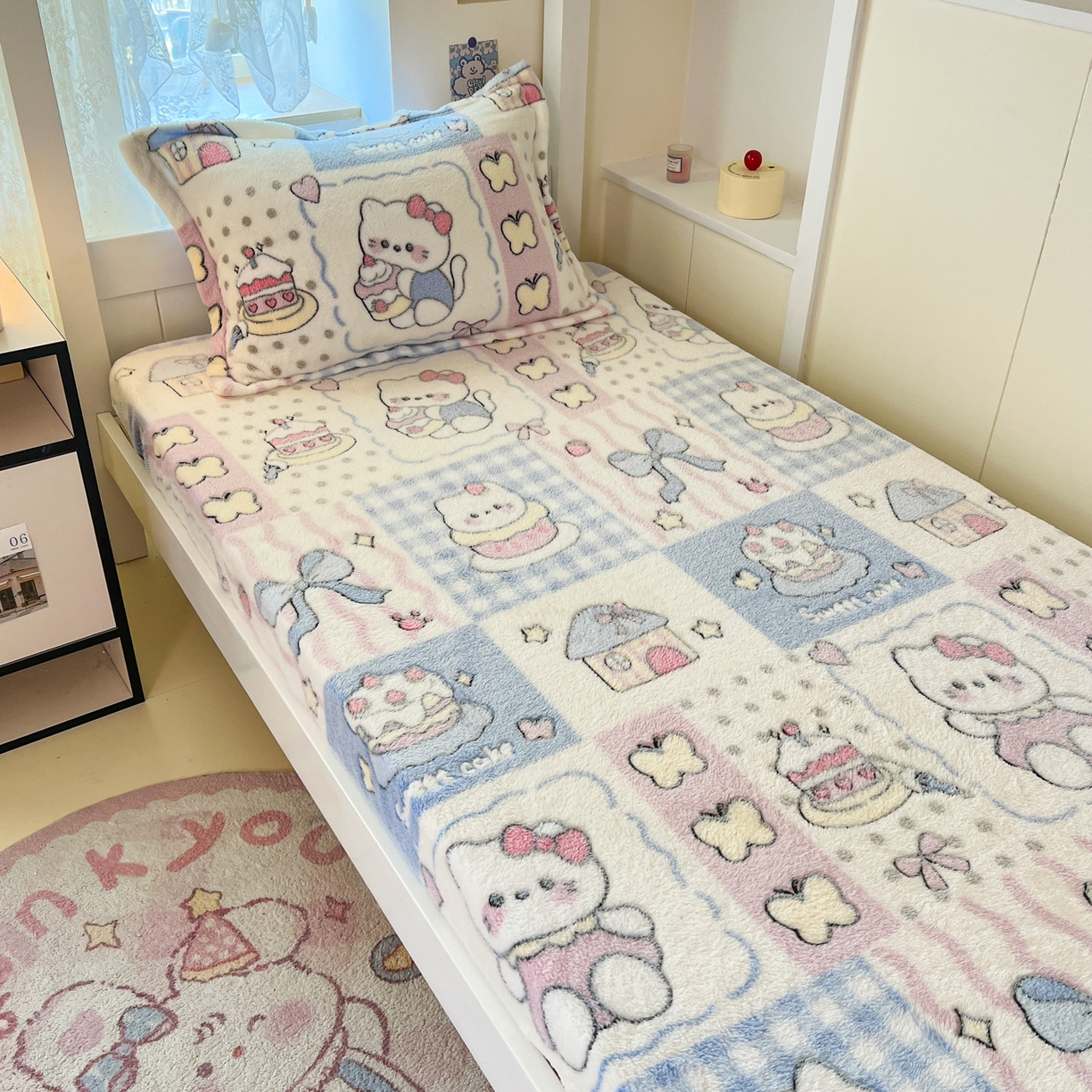 91家纺网 家纺一手货源 找家纺 川悦生活 2025新款雪花绒宿舍单床笠 床笠小喵甜心