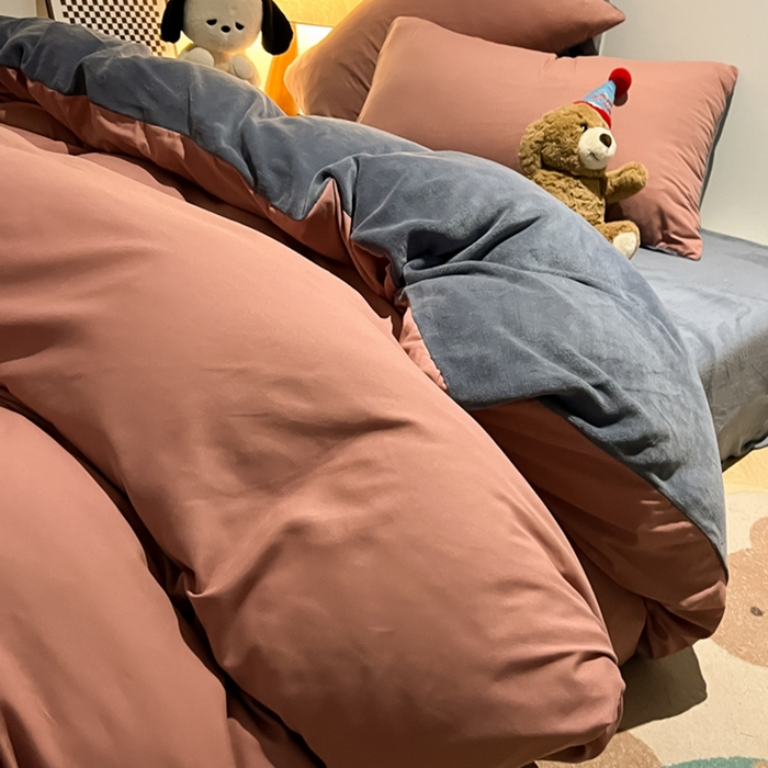 悦织湾家纺 2025新款水洗棉牛奶绒单面绒单被套四件套双面两用春秋冬都可用学生宿舍四件套 单面绒豆沙浅灰