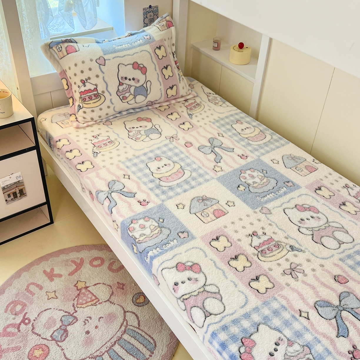 91家纺网 家纺一手货源 找家纺 川悦生活 2025新款雪花绒宿舍单床笠 床笠小喵甜心