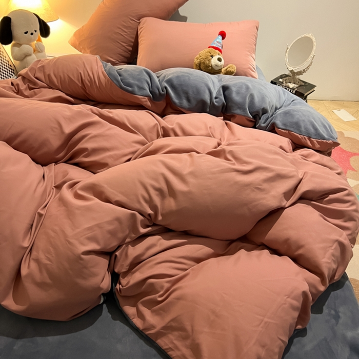 91家纺网 家纺一手货源 找家纺 悦织湾家纺 2025新款水洗棉牛奶绒单面绒单被套四件套双面两用春秋冬都可用学生宿舍四件套 单面绒豆沙浅灰