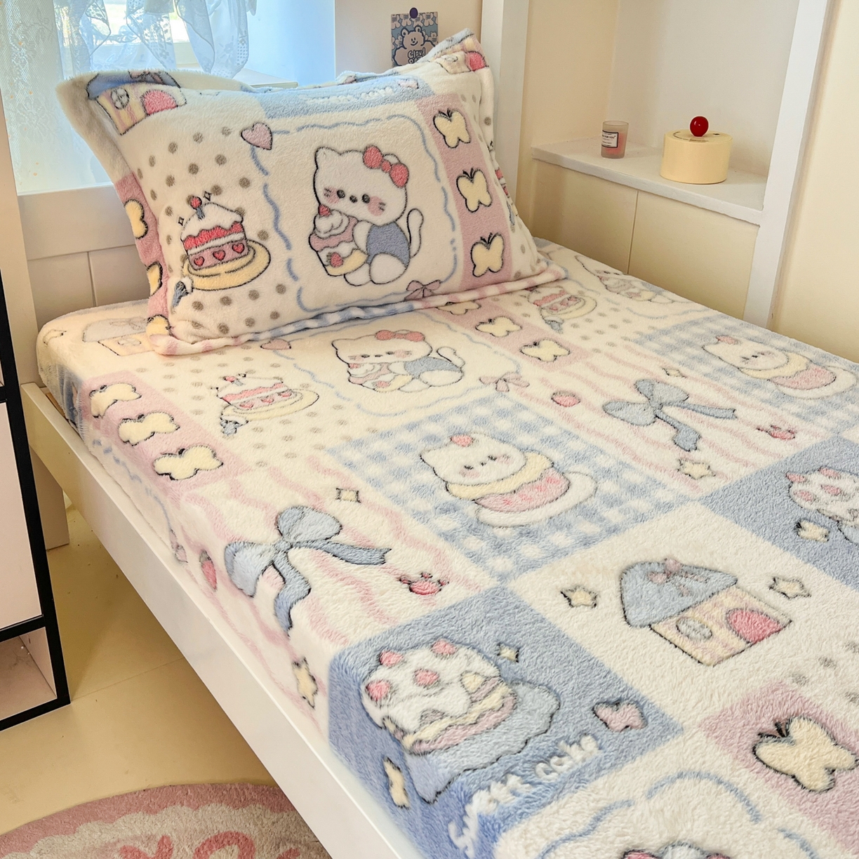 91家纺网 家纺一手货源 找家纺 川悦生活 2025新款雪花绒宿舍单床笠 床笠小喵甜心