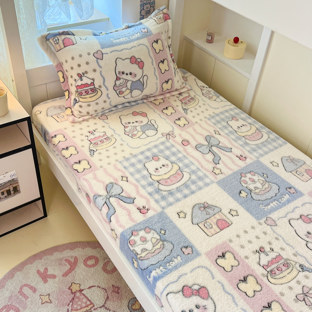 91家纺网 家纺一手货源 找家纺 川悦生活 2025新款雪花绒宿舍单床笠 床笠小喵甜心