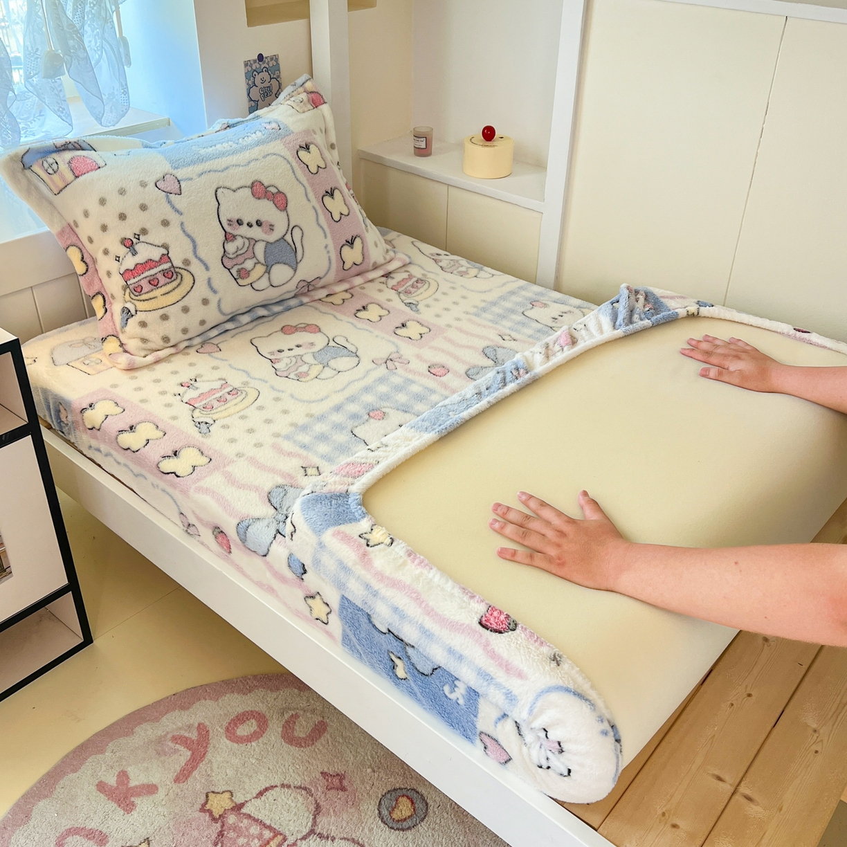 川悦生活 2025新款雪花绒宿舍单床笠 床笠小喵甜心