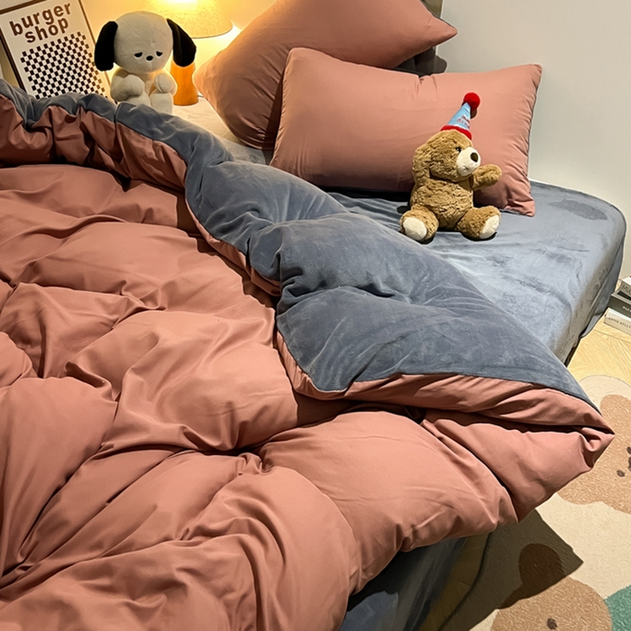 91家纺网 家纺一手货源 找家纺 悦织湾家纺 2025新款水洗棉牛奶绒单面绒单被套四件套双面两用春秋冬都可用学生宿舍四件套 单面绒豆沙浅灰