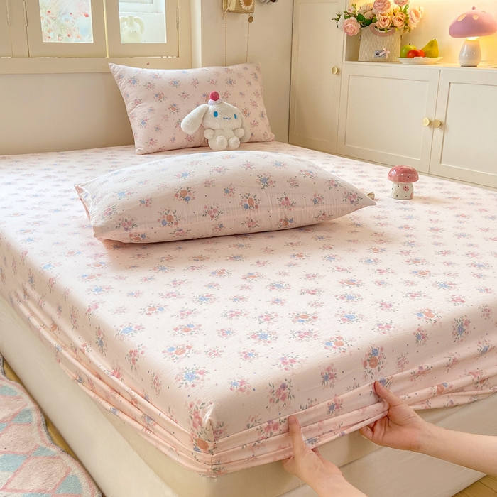 91家纺网 家纺一手货源 找家纺 玉海棠家纺 2025新款直播爆款双层纱床笠三件套 桃夭