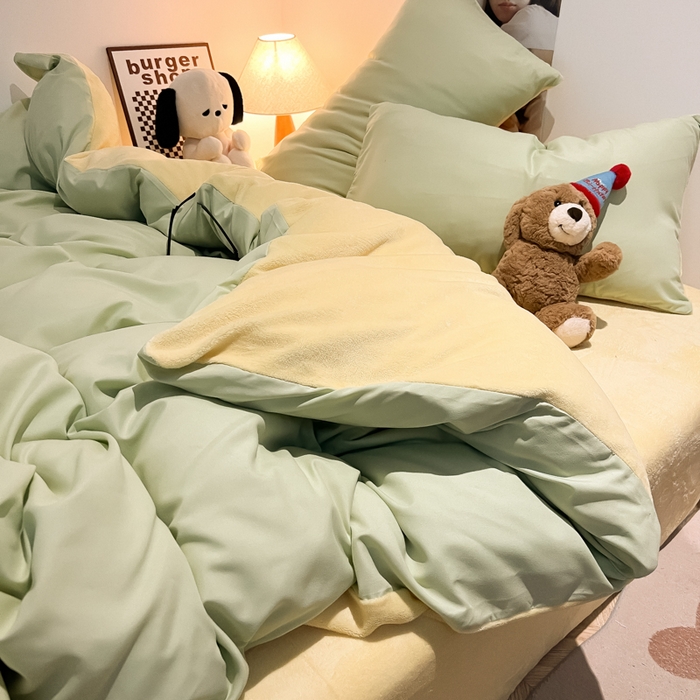 91家纺网 家纺一手货源 找家纺 悦织湾家纺 2025新款水洗棉牛奶绒单面绒单被套四件套双面两用春秋冬都可用学生宿舍四件套 单面绒果绿浅黄