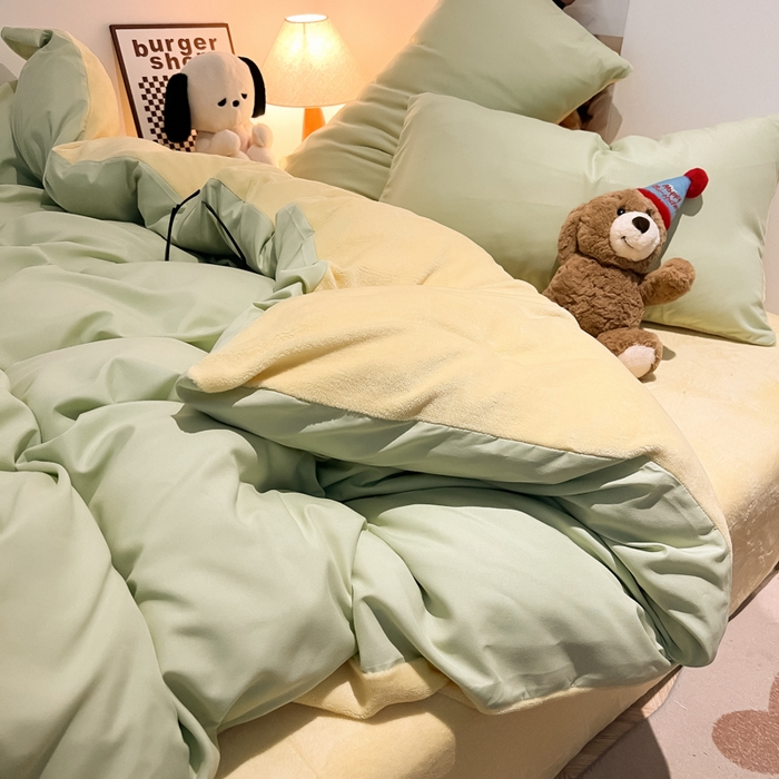 91家纺网 家纺一手货源 找家纺 悦织湾家纺 2025新款水洗棉牛奶绒单面绒单被套四件套双面两用春秋冬都可用学生宿舍四件套 单面绒果绿浅黄