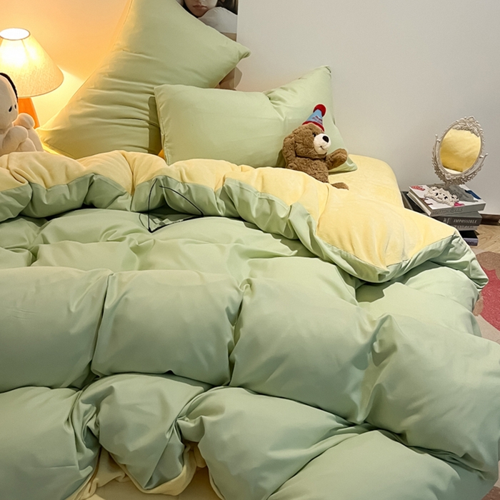 91家纺网 家纺一手货源 找家纺 悦织湾家纺 2025新款水洗棉牛奶绒单面绒单被套四件套双面两用春秋冬都可用学生宿舍四件套 单面绒果绿浅黄