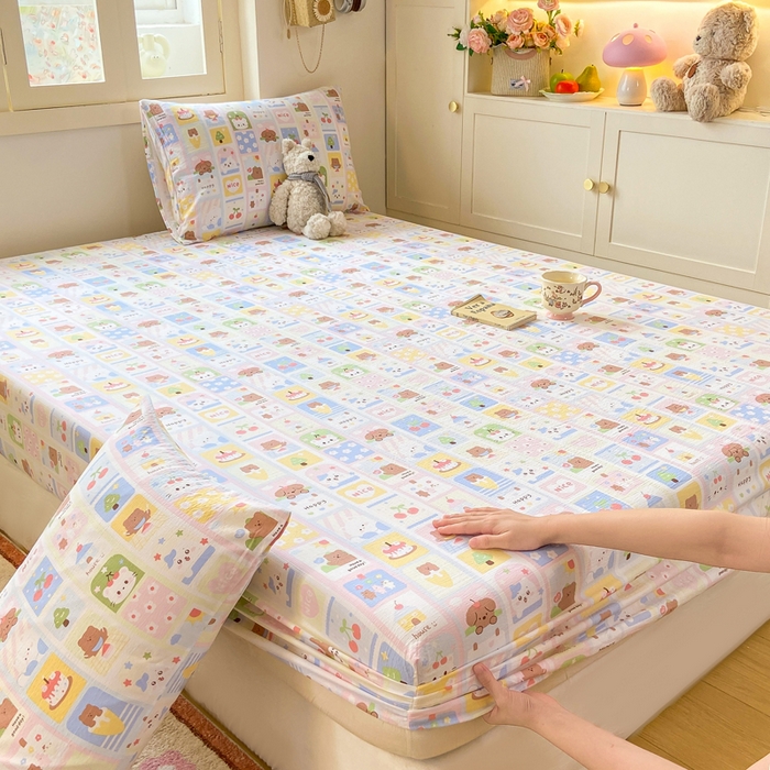 玉海棠家纺 2025新款直播爆款双层纱床笠三件套 小猫聚会