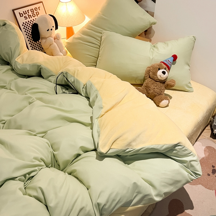 91家纺网 家纺一手货源 找家纺 悦织湾家纺 2025新款水洗棉牛奶绒单面绒单被套四件套双面两用春秋冬都可用学生宿舍四件套 单面绒果绿浅黄