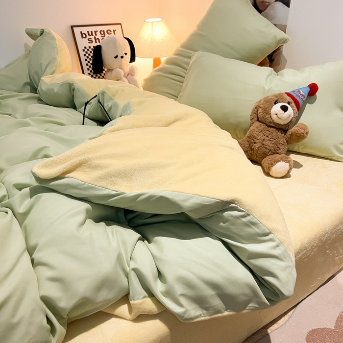 91家纺网 家纺一手货源 找家纺 悦织湾家纺 2025新款水洗棉牛奶绒单面绒单被套四件套双面两用春秋冬都可用学生宿舍四件套 单面绒果绿浅黄
