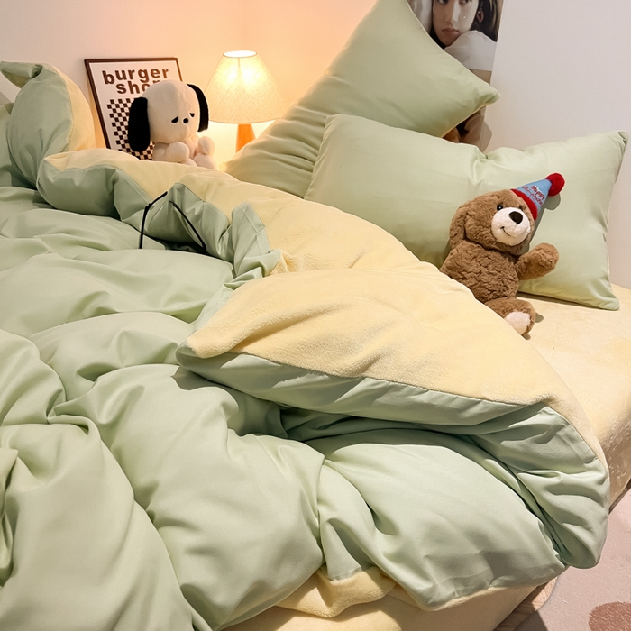 91家纺网 家纺一手货源 找家纺 悦织湾家纺 2025新款水洗棉牛奶绒单面绒单被套四件套双面两用春秋冬都可用学生宿舍四件套 单面绒果绿浅黄