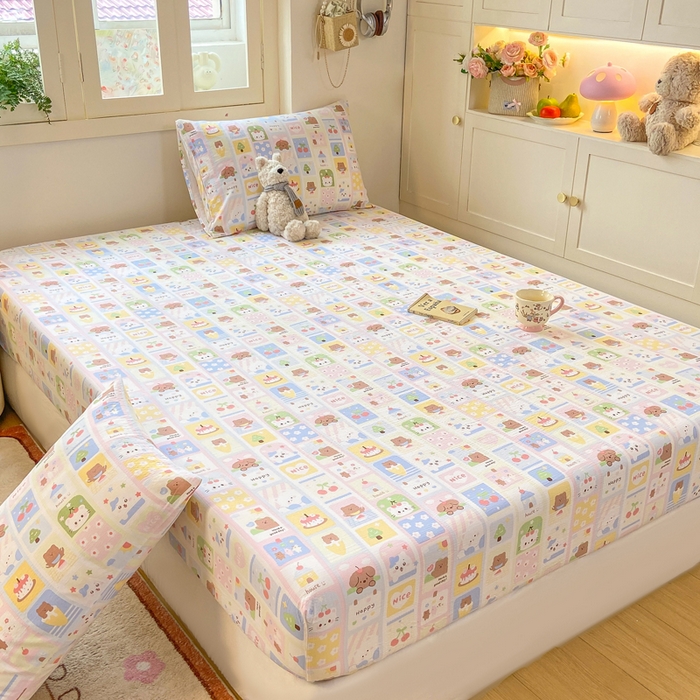 91家纺网 家纺一手货源 找家纺 玉海棠家纺 2025新款直播爆款双层纱床笠三件套 小猫聚会