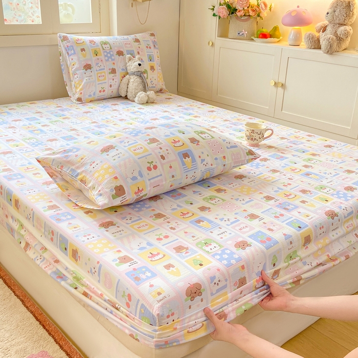 91家纺网 家纺一手货源 找家纺 玉海棠家纺 2025新款直播爆款双层纱床笠三件套 小猫聚会