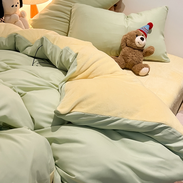 91家纺网 家纺一手货源 找家纺 悦织湾家纺 2025新款水洗棉牛奶绒单面绒单被套四件套双面两用春秋冬都可用学生宿舍四件套 单面绒果绿浅黄
