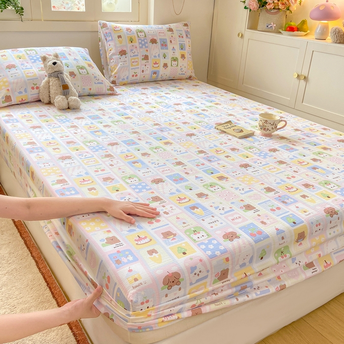 91家纺网 家纺一手货源 找家纺 玉海棠家纺 2025新款直播爆款双层纱床笠三件套 小猫聚会