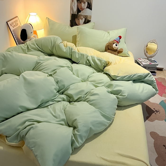 91家纺网 家纺一手货源 找家纺 悦织湾家纺 2025新款水洗棉牛奶绒单面绒单被套四件套双面两用春秋冬都可用学生宿舍四件套 单面绒果绿浅黄