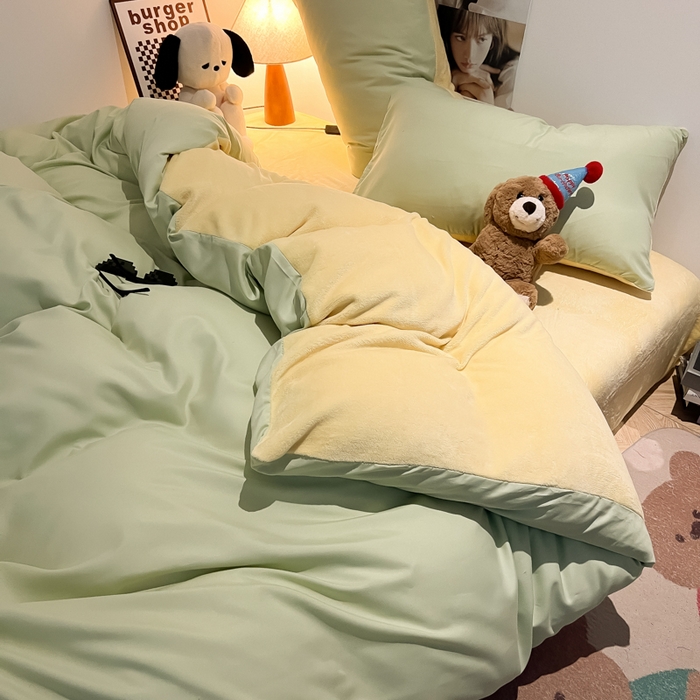 91家纺网 家纺一手货源 找家纺 悦织湾家纺 2025新款水洗棉牛奶绒单面绒单被套四件套双面两用春秋冬都可用学生宿舍四件套 单面绒果绿浅黄