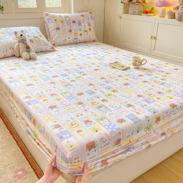 91家纺网 家纺一手货源 找家纺 玉海棠家纺 2025新款直播爆款双层纱床笠三件套 小猫聚会