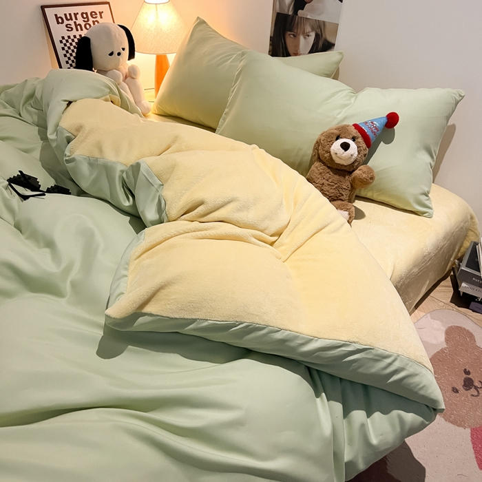91家纺网 家纺一手货源 找家纺 悦织湾家纺 2025新款水洗棉牛奶绒单面绒单被套四件套双面两用春秋冬都可用学生宿舍四件套 单面绒果绿浅黄