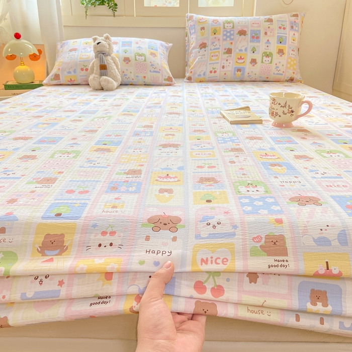 91家纺网 家纺一手货源 找家纺 玉海棠家纺 2025新款直播爆款双层纱床笠三件套 小猫聚会