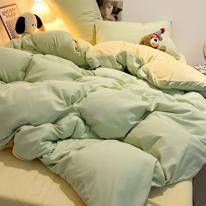 91家纺网 家纺一手货源 找家纺 悦织湾家纺 2025新款水洗棉牛奶绒单面绒单被套四件套双面两用春秋冬都可用学生宿舍四件套 单面绒果绿浅黄