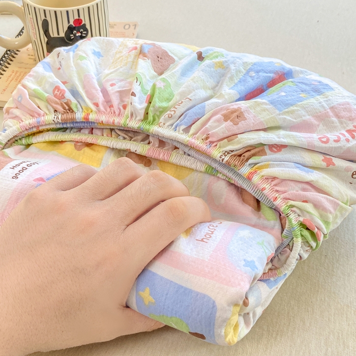 91家纺网 家纺一手货源 找家纺 玉海棠家纺 2025新款直播爆款双层纱床笠三件套 小猫聚会