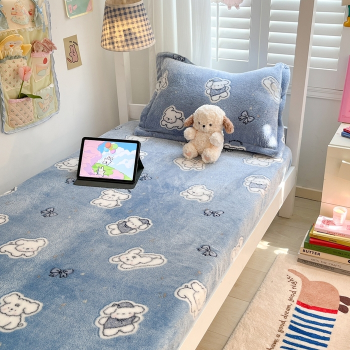 91家纺网 家纺一手货源 找家纺 川悦生活 2025新款雪花绒宿舍单床笠 床笠小雪狗