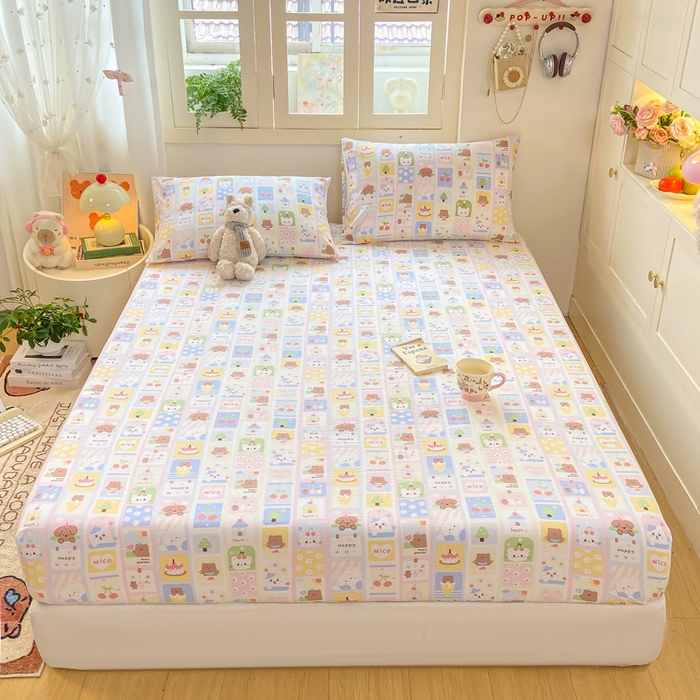 91家纺网 家纺一手货源 找家纺 玉海棠家纺 2025新款直播爆款双层纱床笠三件套 小猫聚会