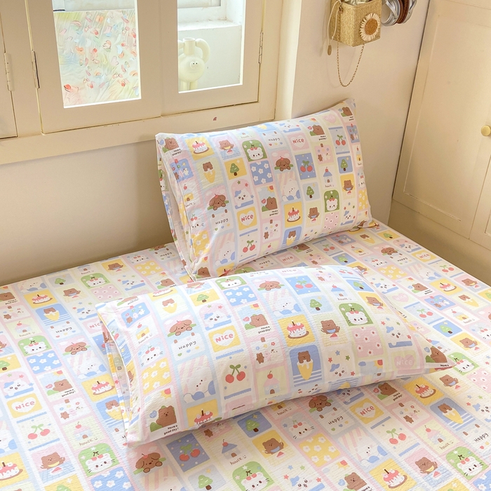 91家纺网 家纺一手货源 找家纺 玉海棠家纺 2025新款直播爆款双层纱床笠三件套 小猫聚会