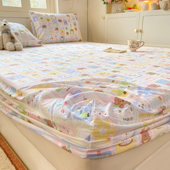 91家纺网 家纺一手货源 找家纺 玉海棠家纺 2025新款直播爆款双层纱床笠三件套 小猫聚会