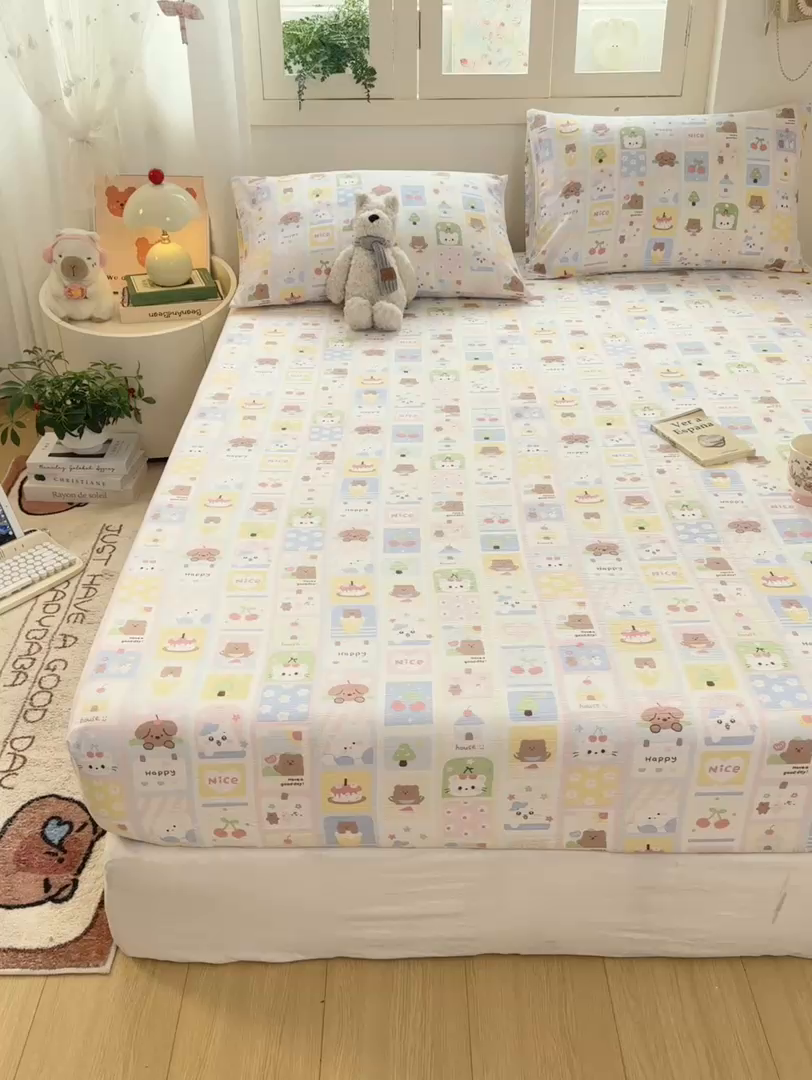 91家纺网 家纺一手货源 找家纺 玉海棠家纺 2025新款直播爆款双层纱床笠三件套 小猫聚会