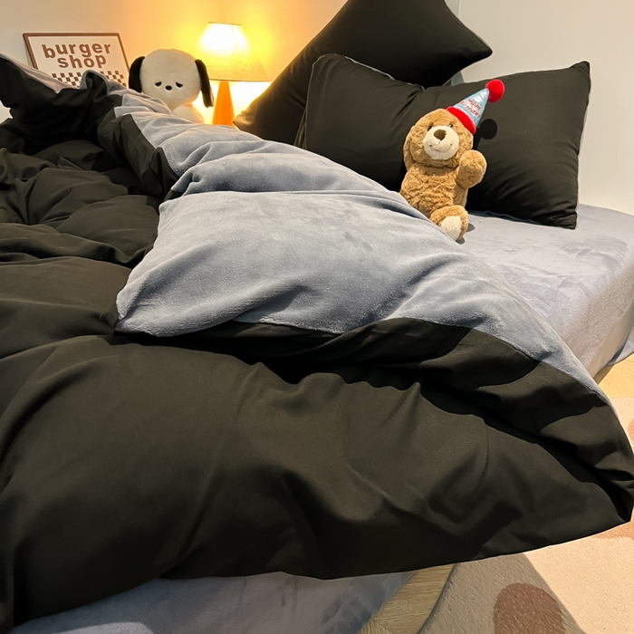 91家纺网 家纺一手货源 找家纺 悦织湾家纺 2025新款水洗棉牛奶绒单面绒单被套四件套双面两用春秋冬都可用学生宿舍四件套 单面绒黑色浅灰