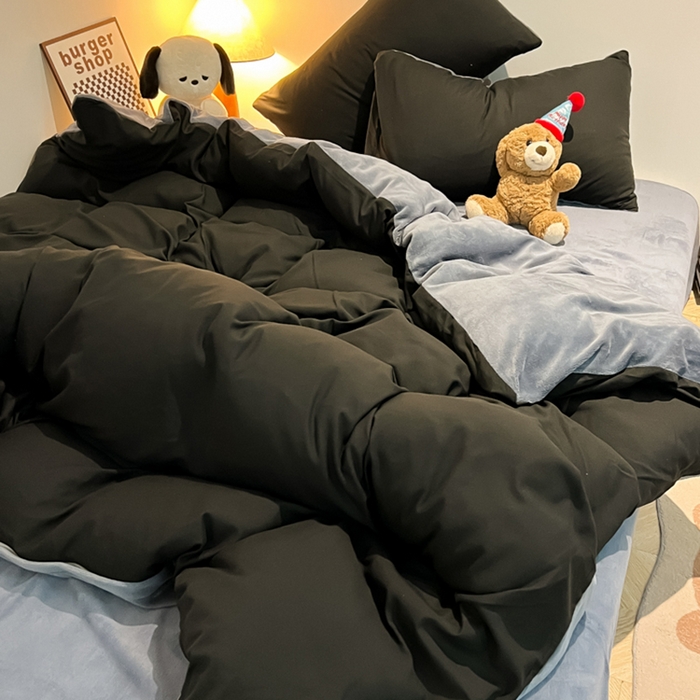 91家纺网 家纺一手货源 找家纺 悦织湾家纺 2025新款水洗棉牛奶绒单面绒单被套四件套双面两用春秋冬都可用学生宿舍四件套 单面绒黑色浅灰
