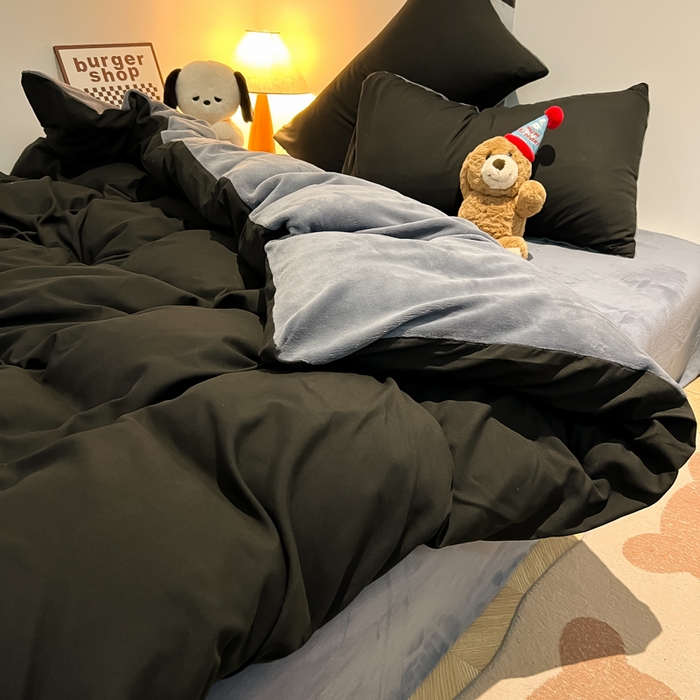 91家纺网 家纺一手货源 找家纺 悦织湾家纺 2025新款水洗棉牛奶绒单面绒单被套四件套双面两用春秋冬都可用学生宿舍四件套 单面绒黑色浅灰