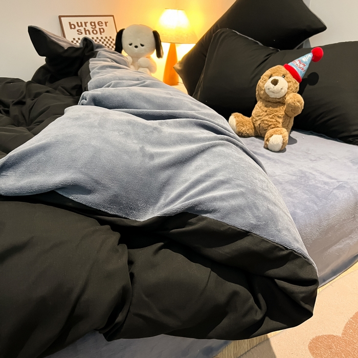 91家纺网 家纺一手货源 找家纺 悦织湾家纺 2025新款水洗棉牛奶绒单面绒单被套四件套双面两用春秋冬都可用学生宿舍四件套 单面绒黑色浅灰