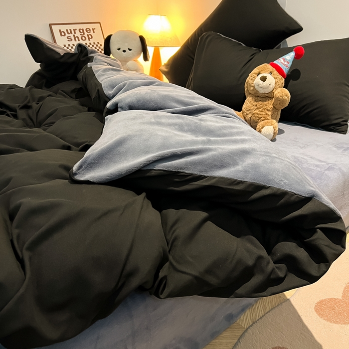 91家纺网 家纺一手货源 找家纺 悦织湾家纺 2025新款水洗棉牛奶绒单面绒单被套四件套双面两用春秋冬都可用学生宿舍四件套 单面绒黑色浅灰