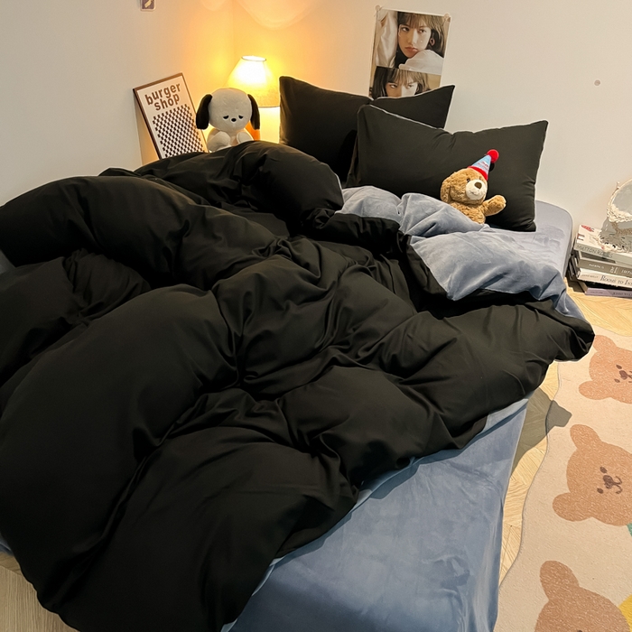91家纺网 家纺一手货源 找家纺 悦织湾家纺 2025新款水洗棉牛奶绒单面绒单被套四件套双面两用春秋冬都可用学生宿舍四件套 单面绒黑色浅灰