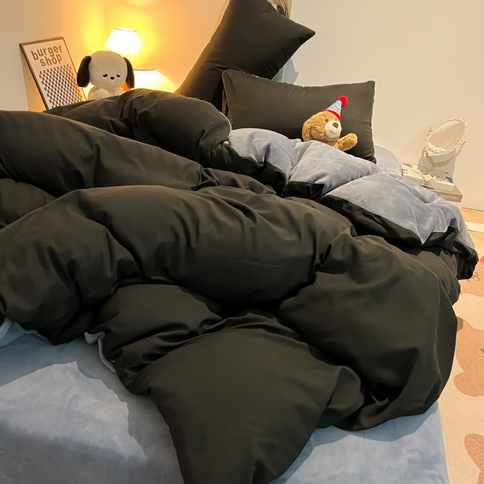91家纺网 家纺一手货源 找家纺 悦织湾家纺 2025新款水洗棉牛奶绒单面绒单被套四件套双面两用春秋冬都可用学生宿舍四件套 单面绒黑色浅灰